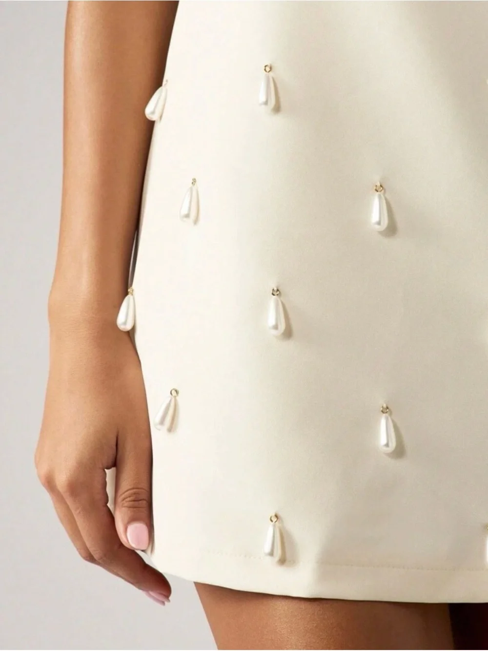 Strapless Cream Mini Dress with pearls Detail - Picture 3 of 5